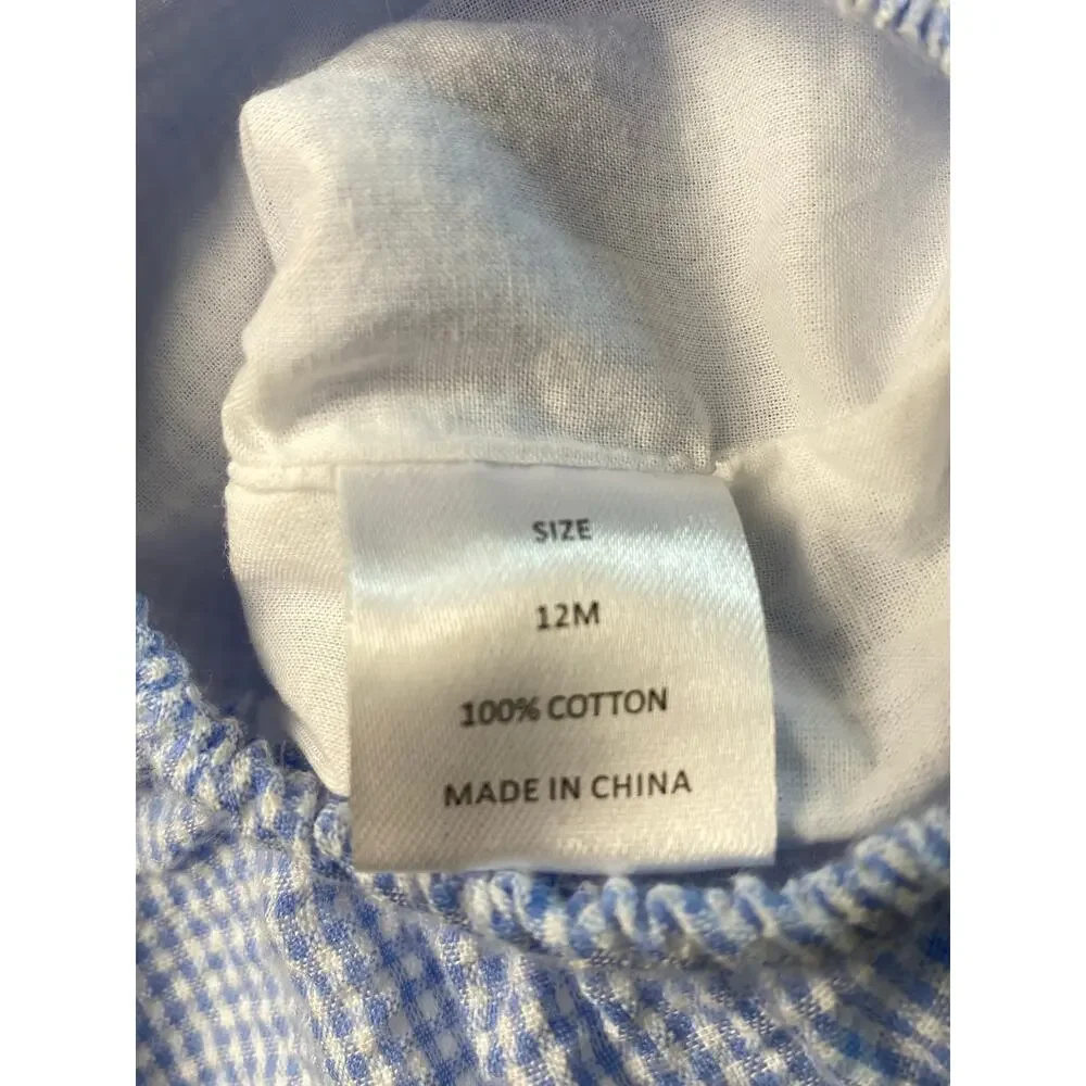 Sticky Fish Easter Egg White Blue Gingham 100% Cotton Romper Infant Size 12M